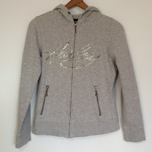 Harley-Davidson Womens Hoodie Small Gray Rhinestones Embellished Full Zip 2010 - Picture 1 of 8